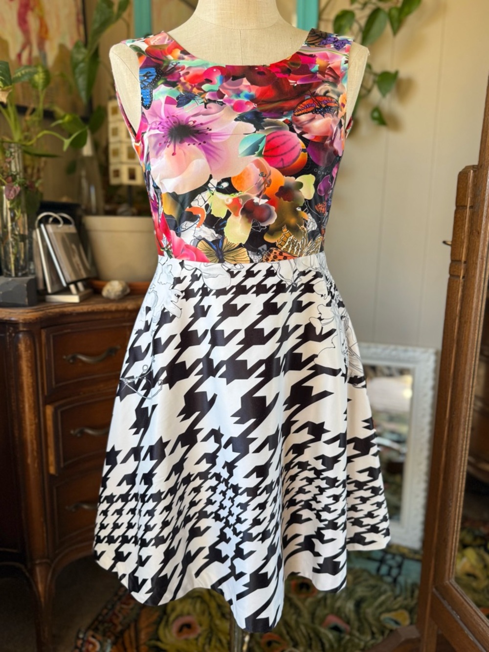 Elena Wang Floral Colorful Houndstooth Dress Boho, Size small